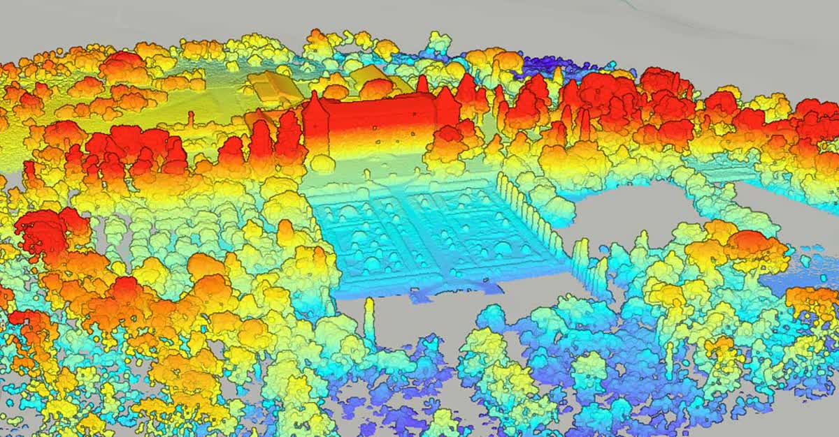 Nuvem de pontos LiDAR de terreno visualizada no ArcGIS Pro por valores de elevação